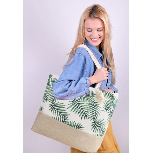 Palm Leaf Tote Bag- Rope Double Handles- White/Green - NWT - XL - Picture 1 of 10